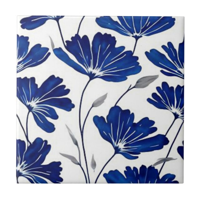 Navy blue flower pattern ceramic tile (Front)