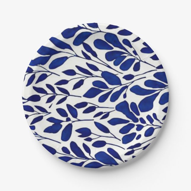 Navy blue flower pattern paper plate (Front)