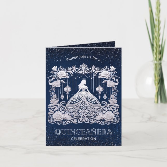 Navy Blue  Flower Princess Dress Quinceanera Invitation (Front)
