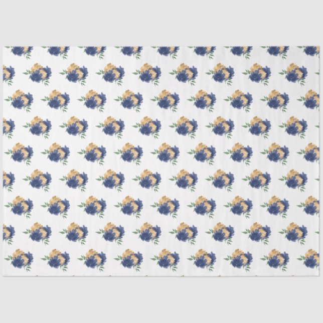 Navy Blue Flowers and Greenery Pattern Tissue Paper (Front)