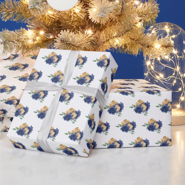 Navy Blue Flowers and Greenery Pattern Wrapping Paper (Holidays)