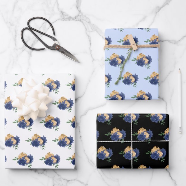 Navy Blue Flowers and Greenery Pattern Wrapping Paper Sheet (Front)