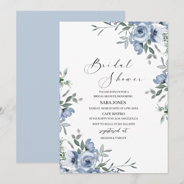 Navy blue flowers and leaves Bridal Shower Invitation (Front/Back)