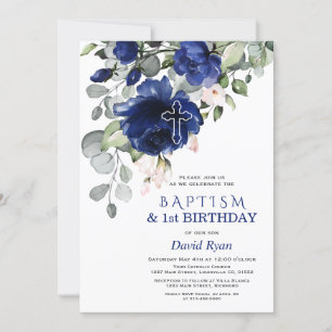 Navy Blue Flowers Baptism 1st Birthday Party Invitation