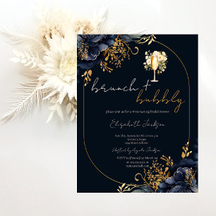  Navy Blue Flowers Brunch & Bubbly Bridal Shower Invitation