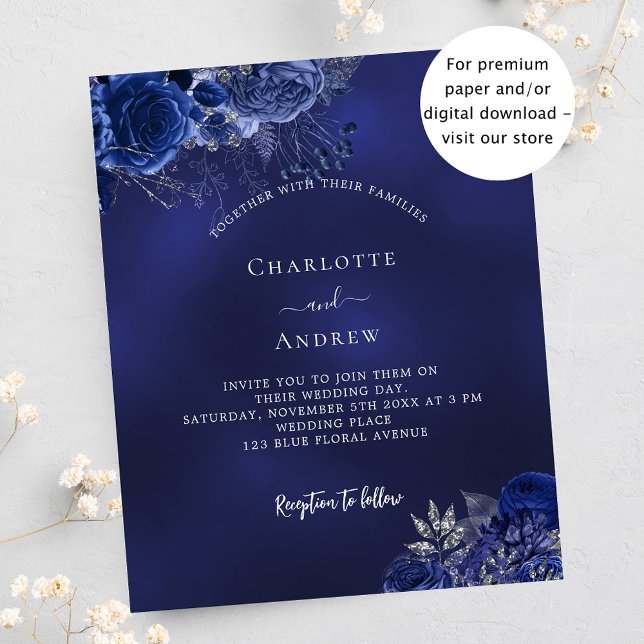 Navy blue flowers budget wedding invitation flyer (Creator Uploaded)