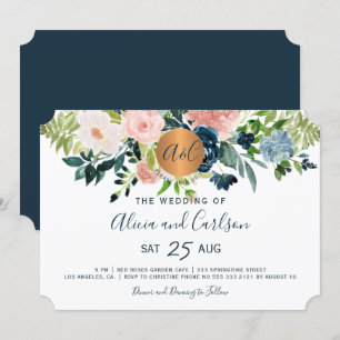 Navy blue flowers chic monogrammed wedding invitation