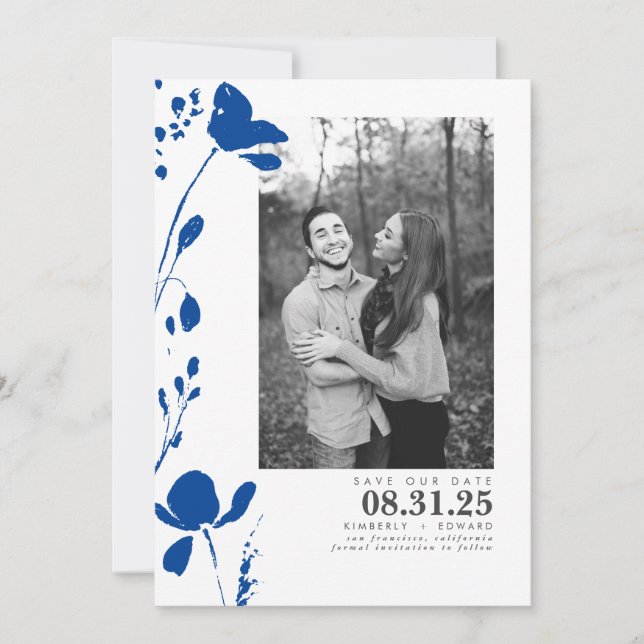 Navy Blue Flowers Elegant Save the Date Photo (Front)