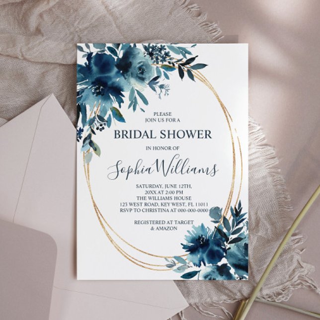 Navy Blue Flowers & Gold Frame Bridal Shower Invitation (Creator Uploaded)