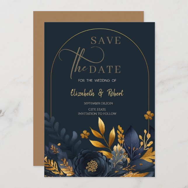 Navy Blue Flowers Gold Leaves Flat Save The Date  (Front/Back)