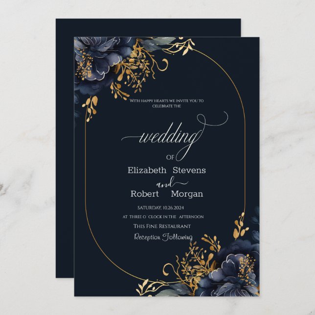 Navy Blue Flowers Gold Leaves Frame Wedding Invitation (Front/Back)