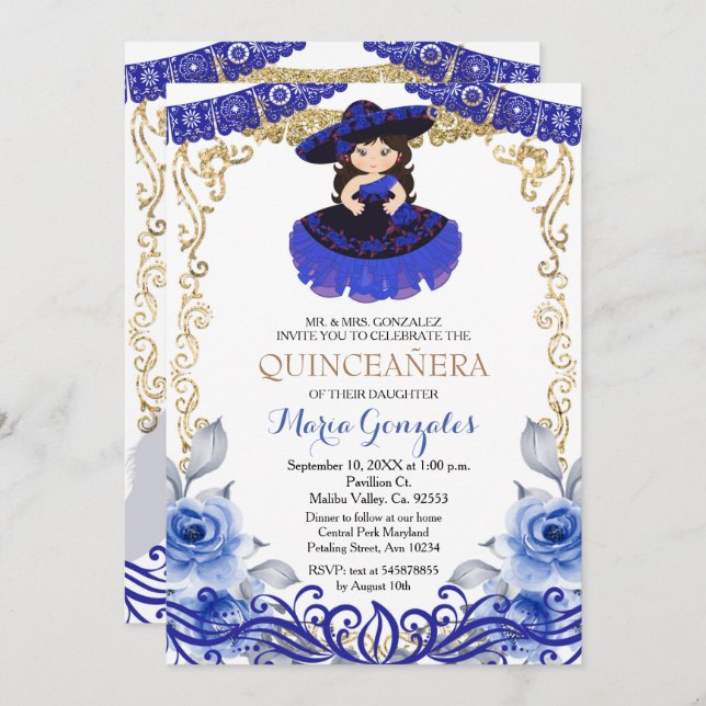 Navy Blue Flowers Gold Quinceanera Invitation (Front/Back)