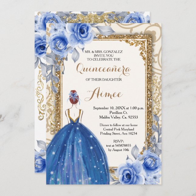 Navy Blue Flowers Gold Quinceanera  Invitation (Front/Back)