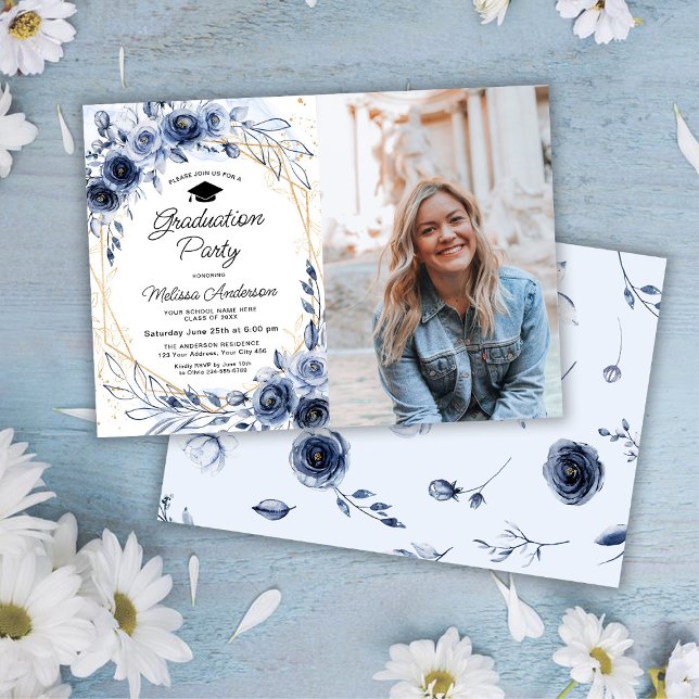 Navy Blue Flowers Graduation Party Photo Invitation (Creator Uploaded)