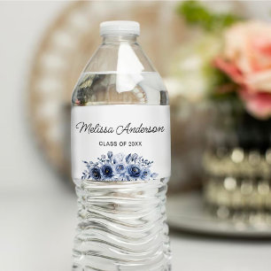 Navy Blue Flowers Graduation Water Bottle Label