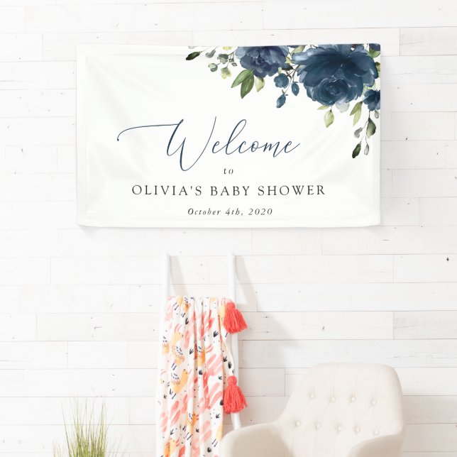 Navy Blue Flowers, Greenery, Baby Shower Welcome Banner (Insitu)
