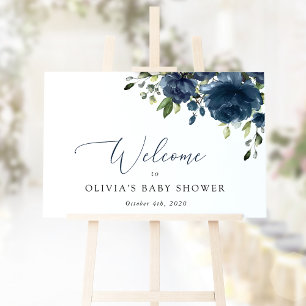 Navy Blue Flowers, Greenery, Baby Shower Welcome Poster