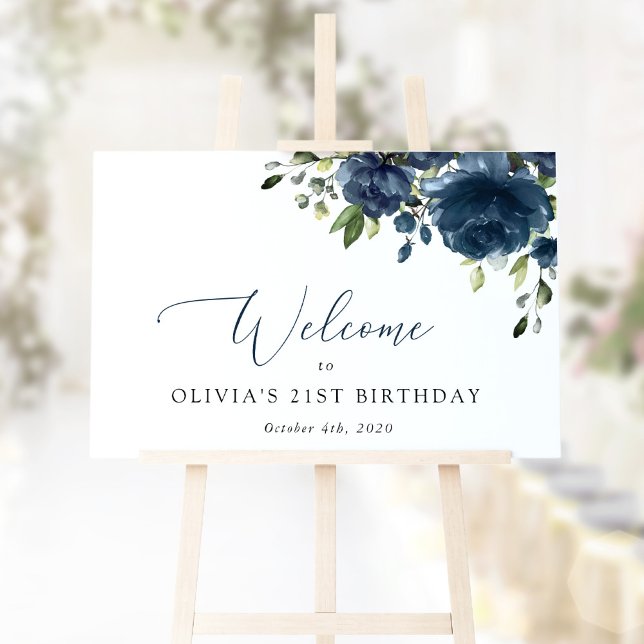 Navy Blue Flowers, Greenery, Birthday Welcome Poster (Creator Uploaded)