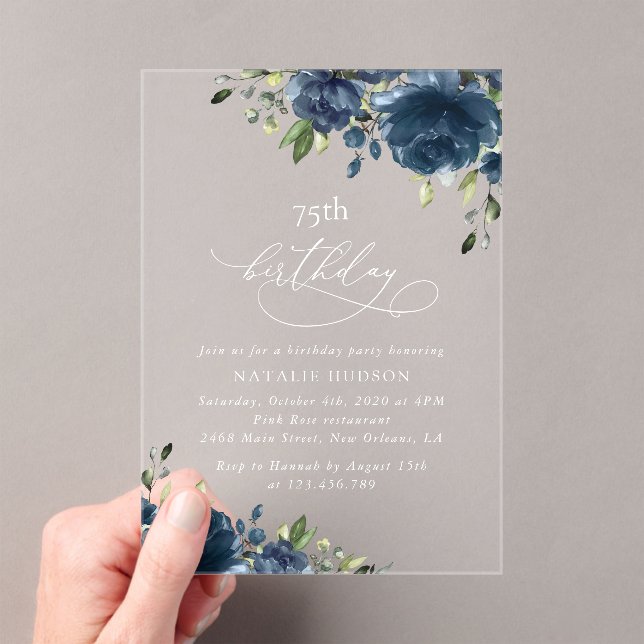 Navy Blue Flowers, Greenery, Boho, Any Birthday Acrylic Invitations (Insitu (Handheld))