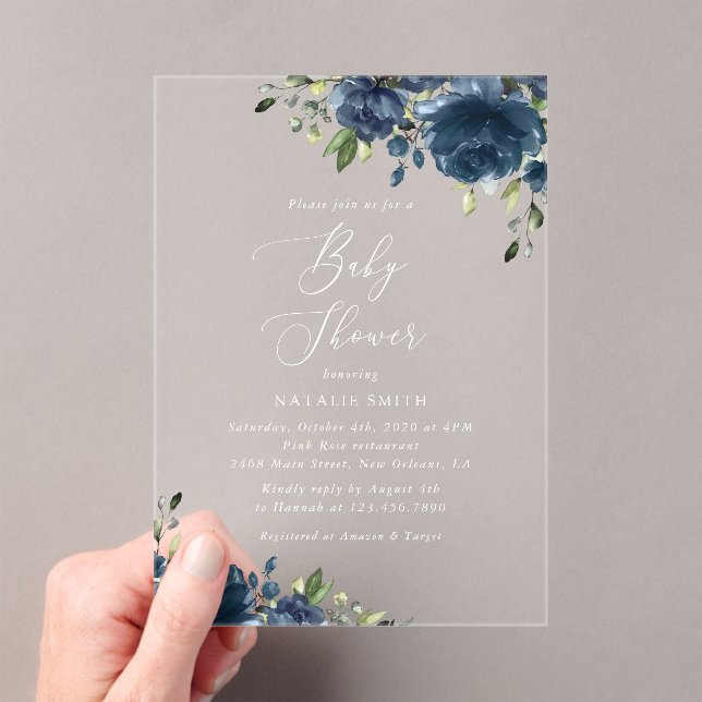Navy Blue Flowers, Greenery, Boho, Baby Shower Acrylic Invitations (Insitu (Handheld))