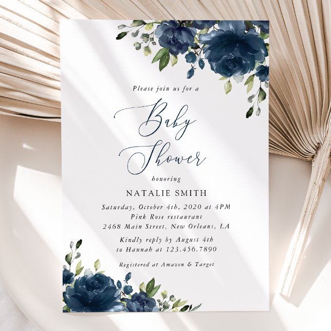 Navy Blue Flowers, Greenery, Boho, Baby Shower Invitation (Creator Uploaded)