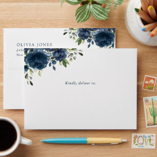 Navy Blue Flowers, Greenery, Boho, Birthday Envelope