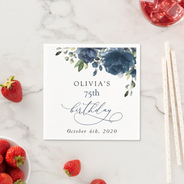 Navy Blue Flowers, Greenery, Boho, Birthday Napkin (Insitu)