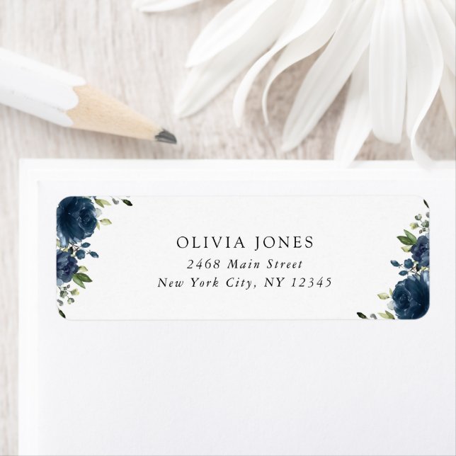 Navy Blue Flowers, Greenery, Boho, Birthday Return Address Label (Insitu)