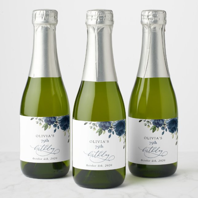 Navy Blue Flowers, Greenery, Boho, Birthday Sparkling Wine Label (Bottles)
