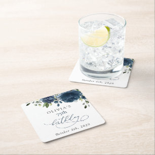 Navy Blue Flowers, Greenery, Boho, Birthday Square Paper Coaster