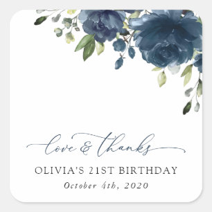 Navy Blue Flowers, Greenery, Boho, Birthday Square Sticker