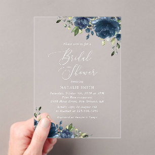 Navy Blue Flowers, Greenery, Boho, Bridal Shower Acrylic Invitations