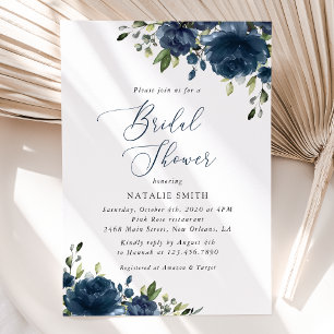 Navy Blue Flowers, Greenery, Boho, Bridal Shower Invitation