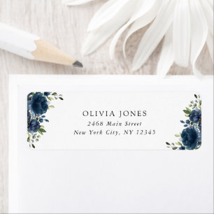 Navy Blue Flowers, Greenery, Boho, Bridal Shower Return Address Label
