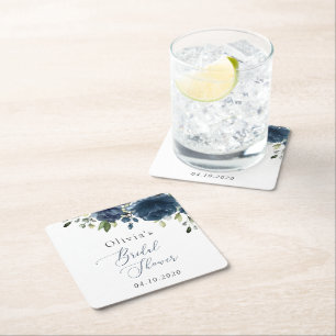 Navy Blue Flowers, Greenery, Boho, Bridal Shower Square Paper Coaster