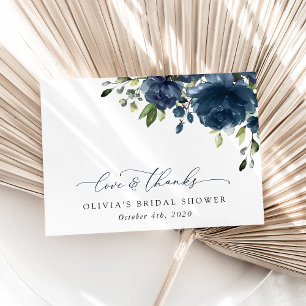 Navy Blue Flowers, Greenery, Boho, Bridal Shower Thank You Card
