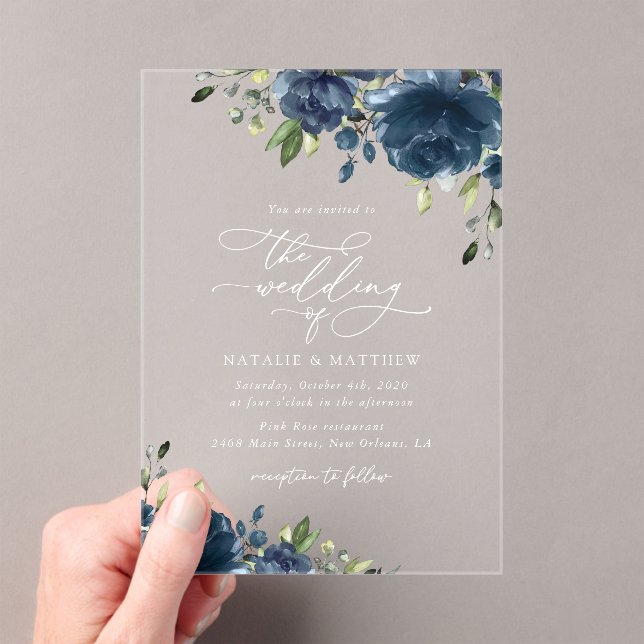 Navy Blue Flowers, Greenery, Boho, Floral Wedding Acrylic Invitations (Insitu (Handheld))