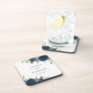 Navy Blue Flowers, Greenery, Boho, Floral Wedding Coaster