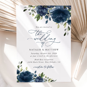 Navy Blue Flowers, Greenery, Boho, Floral Wedding Invitation