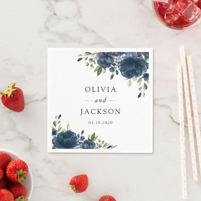 Navy Blue Flowers, Greenery, Boho, Floral Wedding Napkin (Insitu)