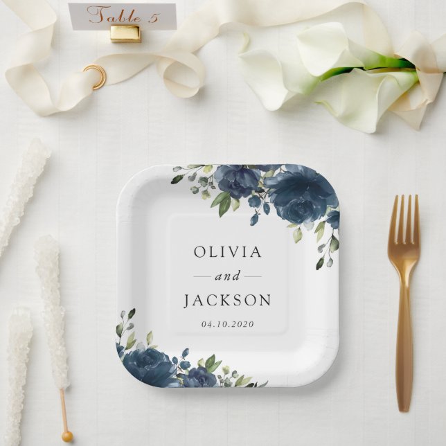 Navy Blue Flowers, Greenery, Boho, Floral Wedding Paper Plate (Wedding)