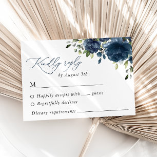 Navy Blue Flowers, Greenery, Boho, Floral Wedding RSVP Card