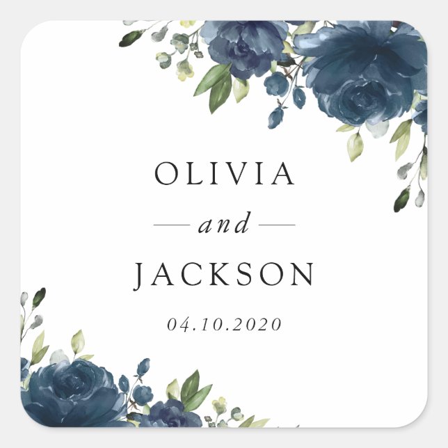 Navy Blue Flowers, Greenery, Boho, Floral Wedding Square Sticker (Front)