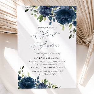 Navy Blue Flowers, Greenery, Boho, Sweet 16 Invitation