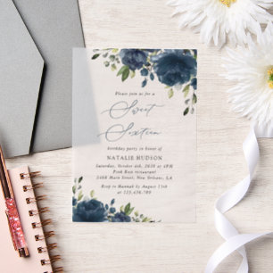 Navy Blue Flowers, Greenery, Boho, Sweet 16 Vellum Invitations
