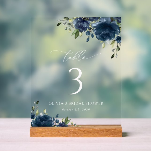 Navy Blue Flowers, Greenery, Boho, Table Numbers Acrylic Sign (Neutral)