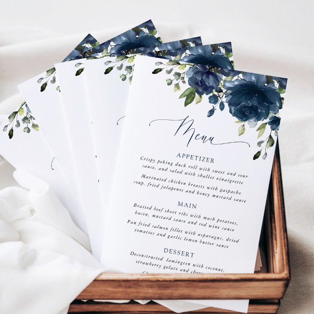 Navy Blue Flowers, Greenery, Boho, Wedding Menu (Creator Uploaded)