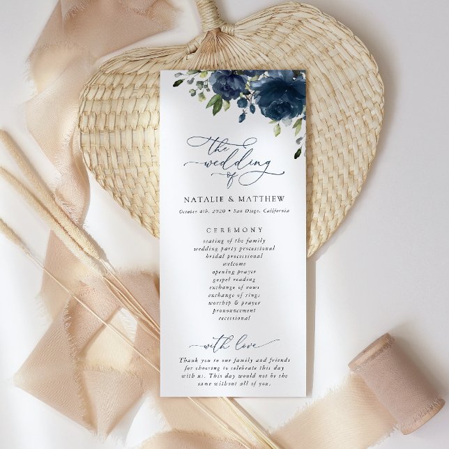 Navy Blue Flowers, Greenery, Boho, Wedding Program (Creator Uploaded)