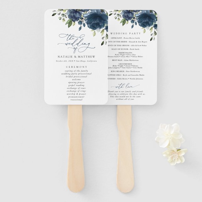 Navy Blue Flowers, Greenery, Boho, Wedding Program Hand Fan (Front and Back)