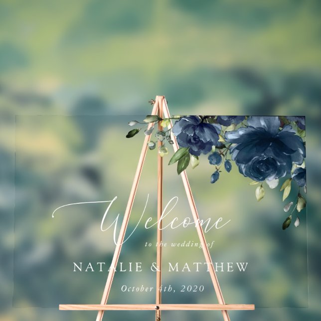 Navy Blue Flowers, Greenery, Boho, Wedding Welcome Acrylic Sign (Neutral)